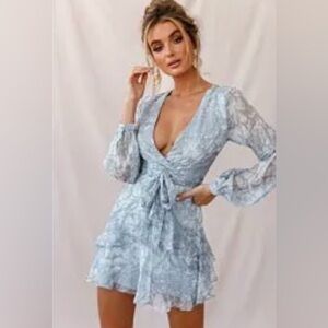 Selfie Leslie Gray Floral Wrap Blouse with Ruffle Hem